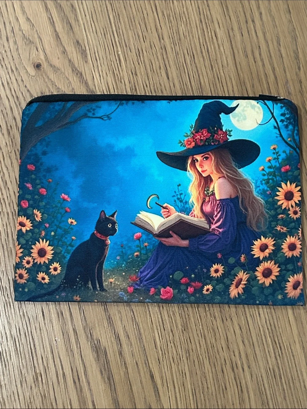 Witch Girl & Black Cat Art Pouch - Blue Floral Spellbook Design